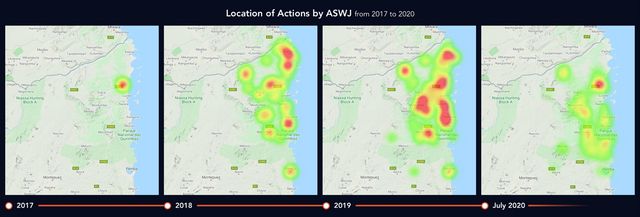 From our previous blog post: Cluster maps 1 – 4  Locations of actions attributed to ASWJ.